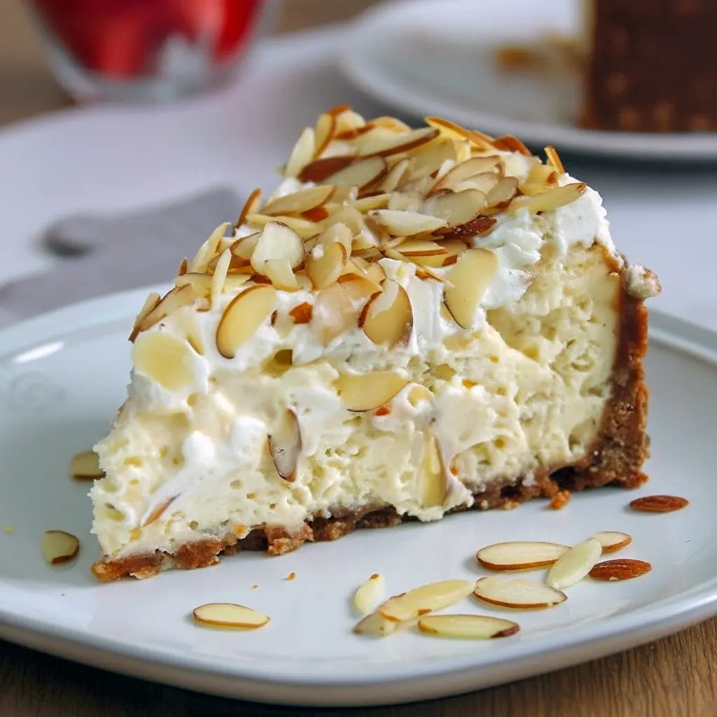 Slice of white chocolate-amaretto cheesecake on a plate, topped with toasted almonds and a drizzle of chocolate, with a fork at the side.