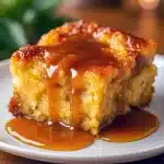 Close-up of whiskey caramel bread pudding with glossy caramel drizzle, golden-brown custardy top, and a side of fresh berries — plated with a scoop of vanilla ice cream.