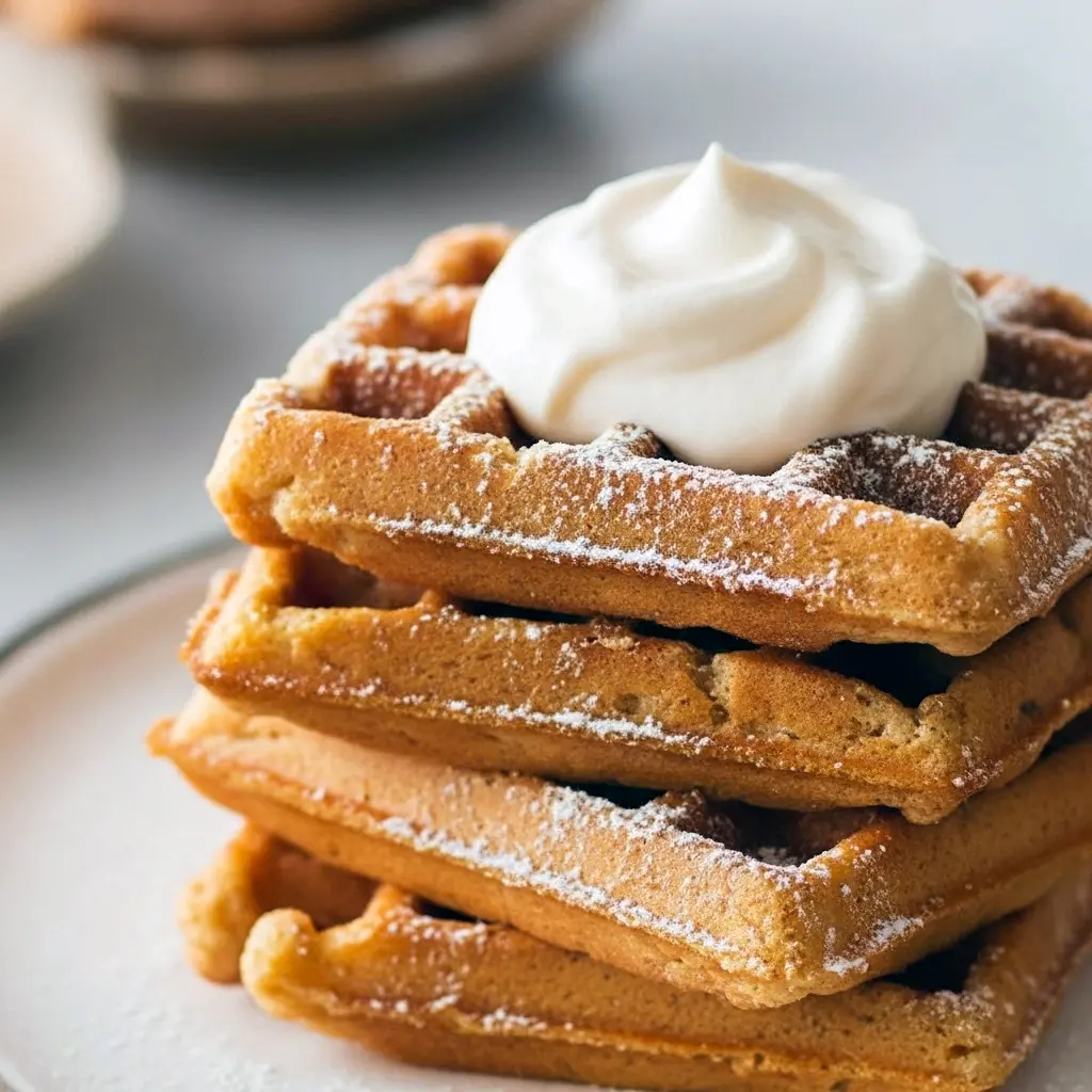Stack of Gingerbread Waffles drizzled with maple syrup and topped with whipped cream, perfect for Christmas Breakfast and cozy Christmas Cooking mornings.