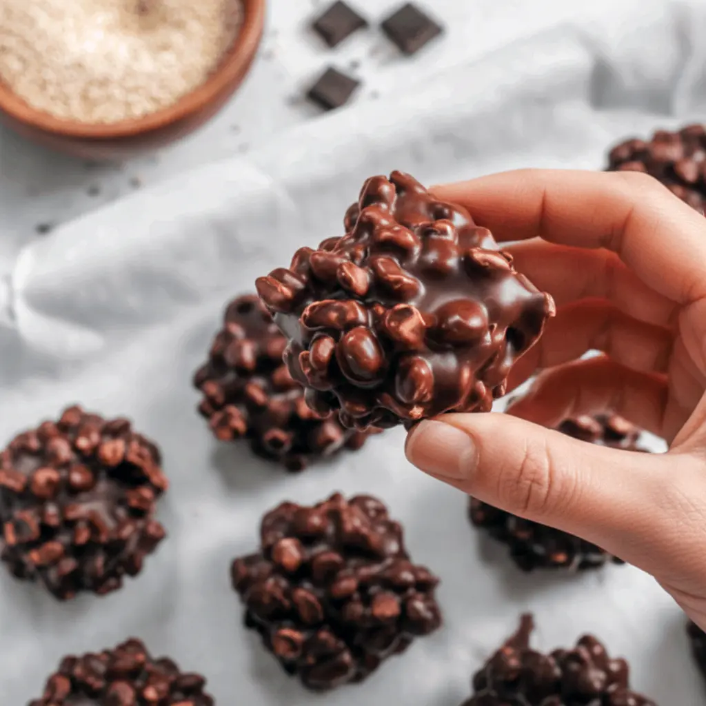 Healthy And Easy Desserts — close-up of glossy dark chocolate quinoa crisps stacked on parchment, showing airy puffed quinoa and a shiny chocolate coating.