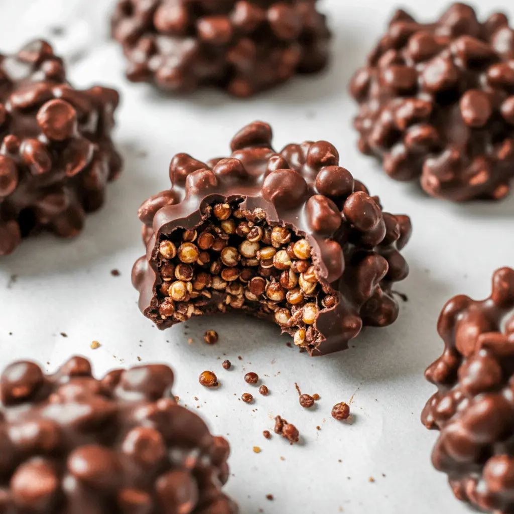 Healthy And Easy Desserts — close-up of glossy dark chocolate quinoa crisps stacked on parchment, showing airy puffed quinoa and a shiny chocolate coating.