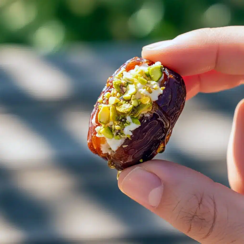 Close-up of ricotta-stuffed Medjool dates topped with chopped pistachios and a honey drizzle on a small white serving platter, Appetizer Snacks.
