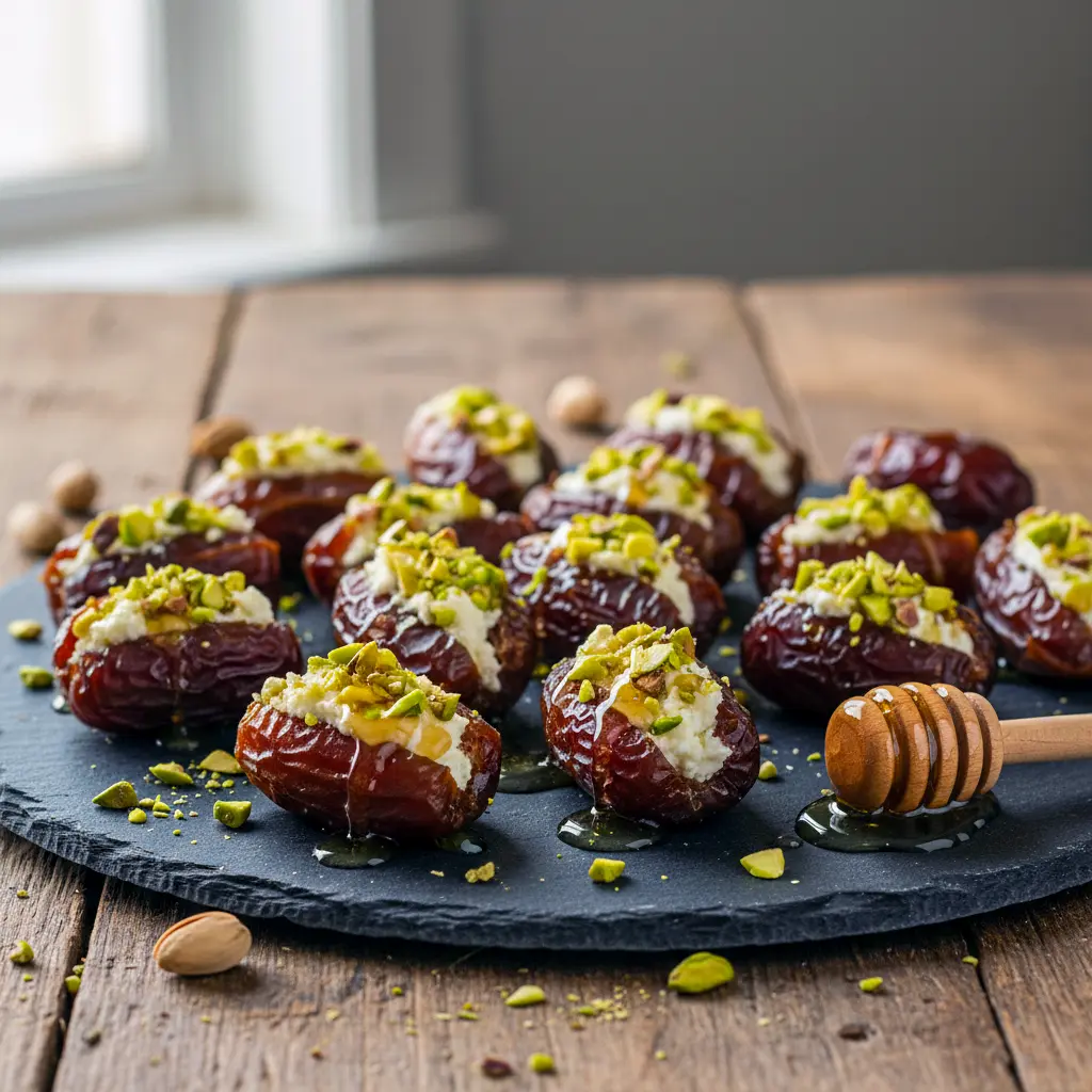 Close-up of ricotta-stuffed Medjool dates topped with chopped pistachios and a honey drizzle on a small white serving platter, Appetizer Snacks.