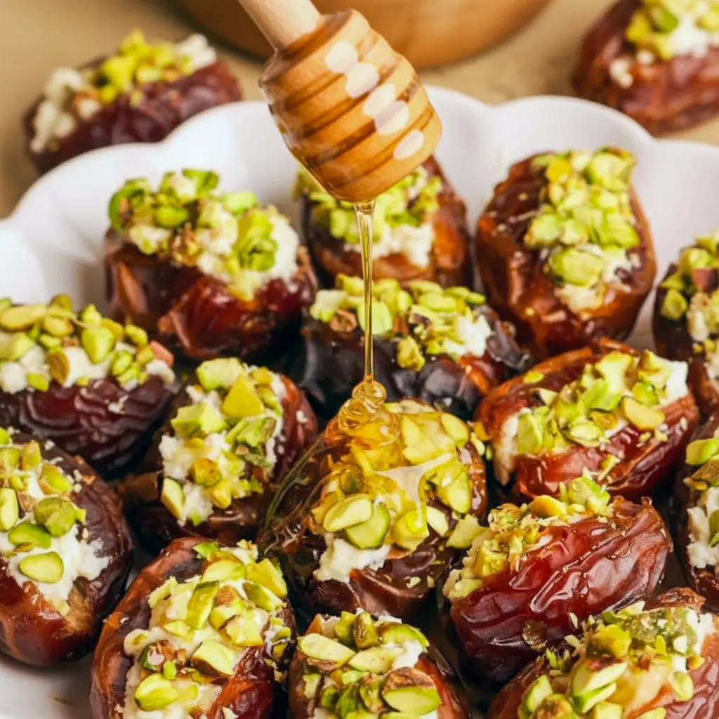 Close-up of ricotta-stuffed Medjool dates topped with chopped pistachios and a honey drizzle on a small white serving platter.