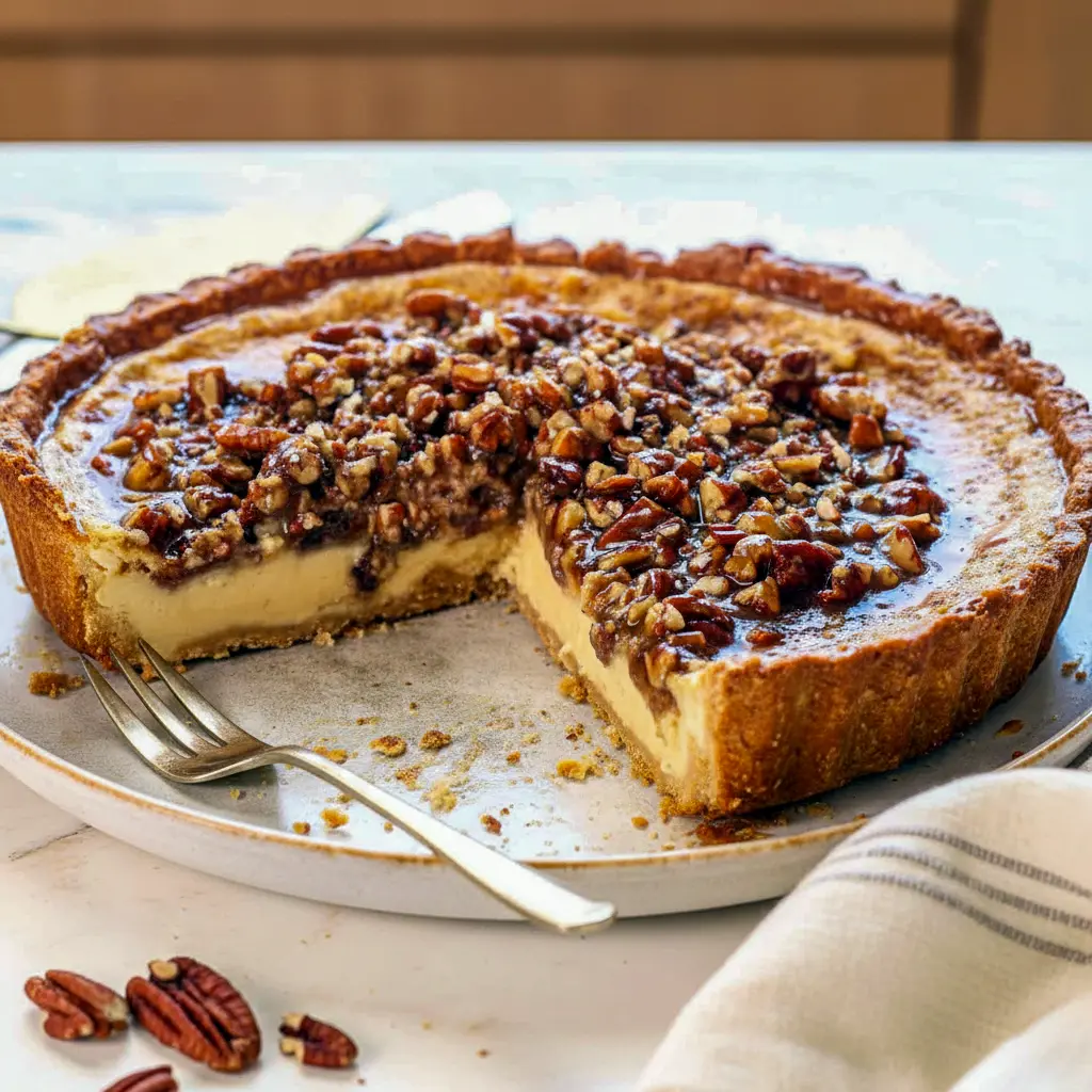 Close-up of a slice of creamy custard pie in an oat cookie crust, topped with caramelized pecans and glossy praline sauce, showing the smooth custard interior, Award Winning Pies Recipes.