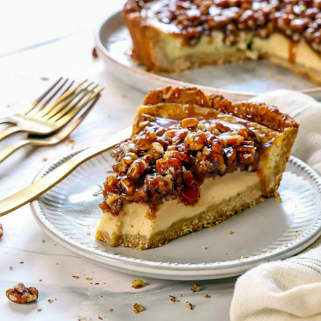Close-up of a slice of creamy custard pie in an oat cookie crust, topped with caramelized pecans and glossy praline sauce, showing the smooth custard interior, Award Winning Pies Recipes.