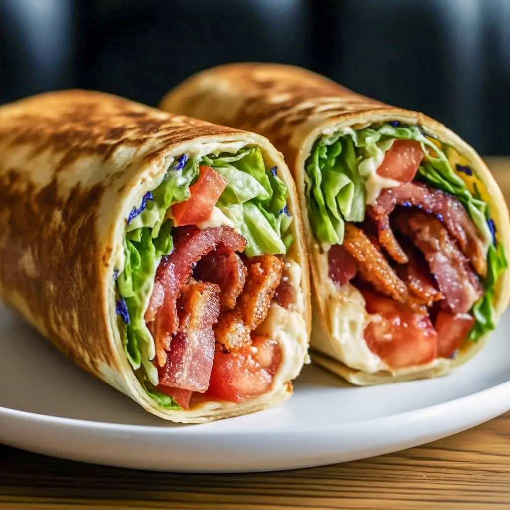 Close-up of crispy bacon, marinated tomatoes, and lettuce wrapped in a soft tortilla — a mouthwatering Blt Recipes Dinners idea featuring creamy secret sauce, perfect for Panini Wraps or Blt Pita lovers.