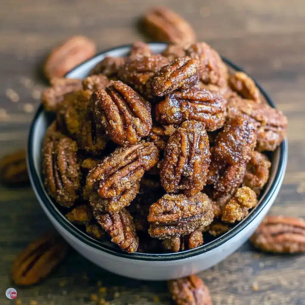 Close-up of candied gingersnap pecans — glossy, spiced coating on toasted pecan halves, arranged on parchment for gifting, Christmas Pecans Recipes.