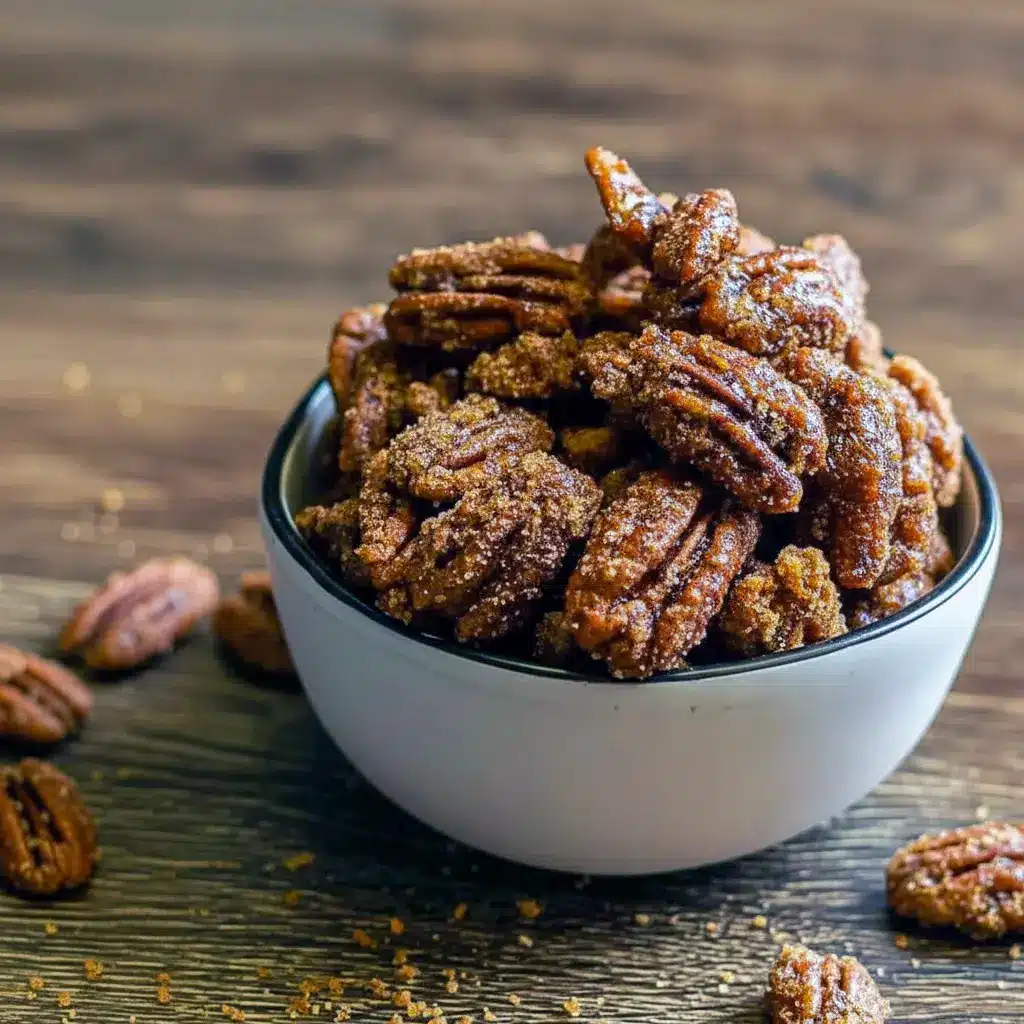 Close-up of candied gingersnap pecans — glossy, spiced coating on toasted pecan halves, arranged on parchment for gifting, Christmas Pecans Recipes.