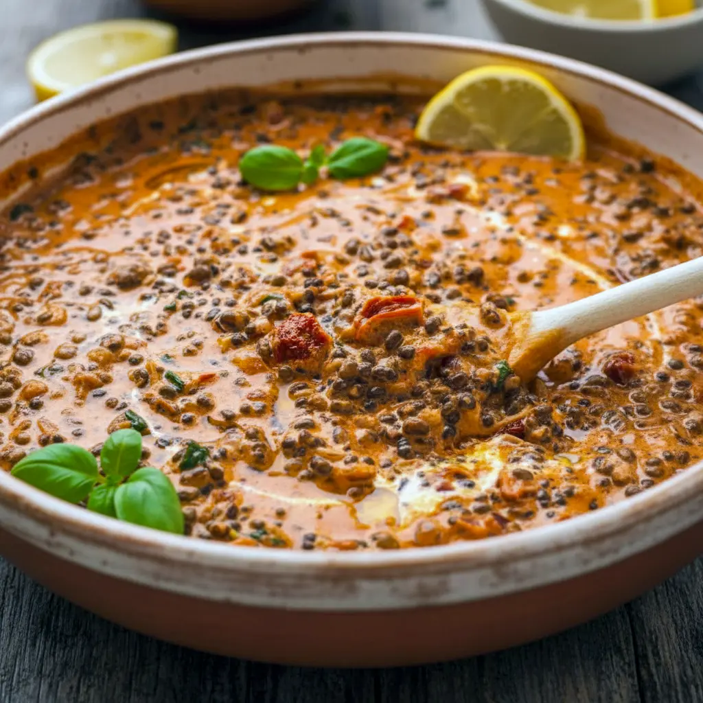 Photo of a bowl of creamy sundried-tomato lentils garnished with basil and grated cheese; ideas for What To Serve With Lentils, the Best Way To Cook Lentils, tips for Cooking With Beans And Lentils, and simple Lunches With Lentils, Best Lentils Recipe.