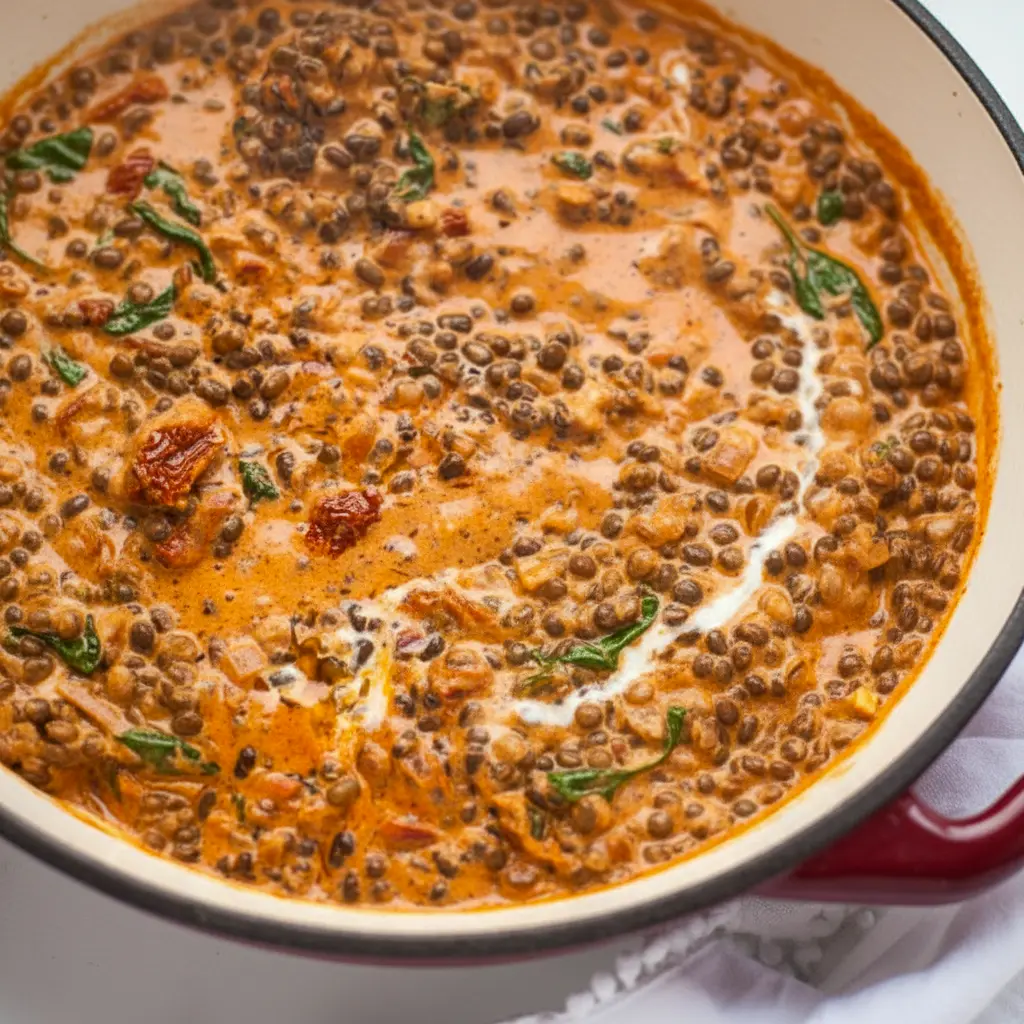 Photo of a bowl of creamy sundried-tomato lentils garnished with basil and grated cheese; ideas for What To Serve With Lentils, the Best Way To Cook Lentils, tips for Cooking With Beans And Lentils, and simple Lunches With Lentils.