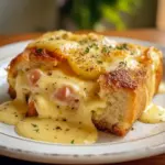 Golden-baked eggs Benedict casserole with toasted English muffin pieces, melted cheddar, chopped ham and a drizzle of hollandaise, garnished with chives, Breakfast Eggs Benedict.