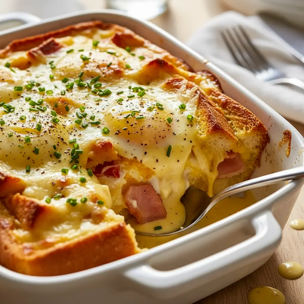 Golden-baked eggs Benedict casserole with toasted English muffin pieces, melted cheddar, chopped ham and a drizzle of hollandaise, garnished with chives, Breakfast Eggs Benedict.