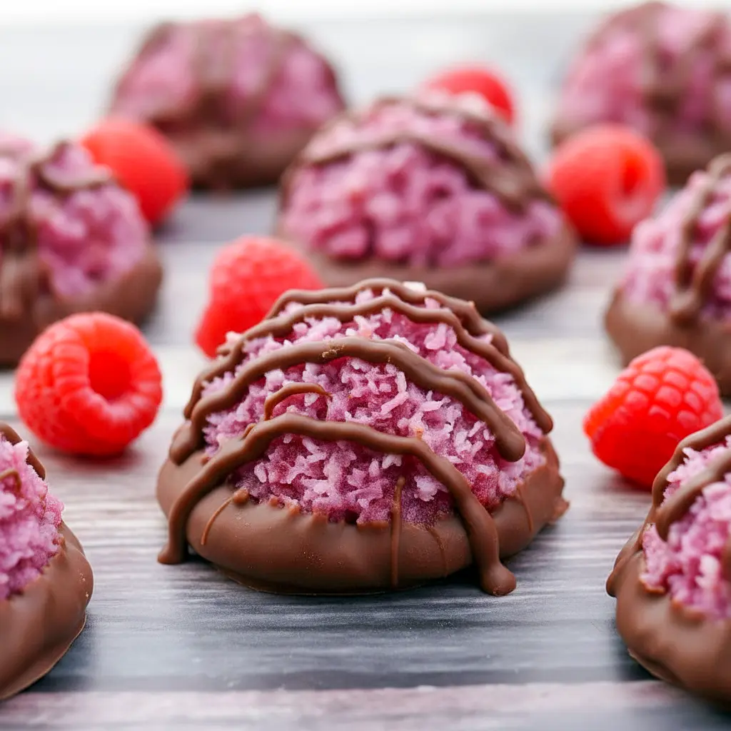 Close-up of chocolate-dipped raspberry coconut macaroons on parchment paper, golden edges and shiny chocolate coating, Easy Christmas Cookie Recipes.