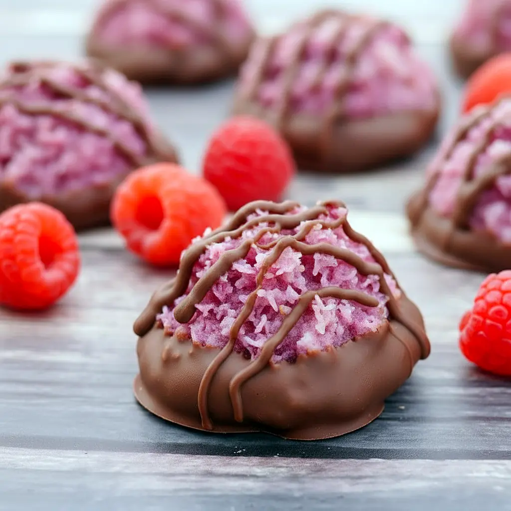 Close-up of chocolate-dipped raspberry coconut macaroons on parchment paper, golden edges and shiny chocolate coating, Easy Christmas Cookie Recipes.