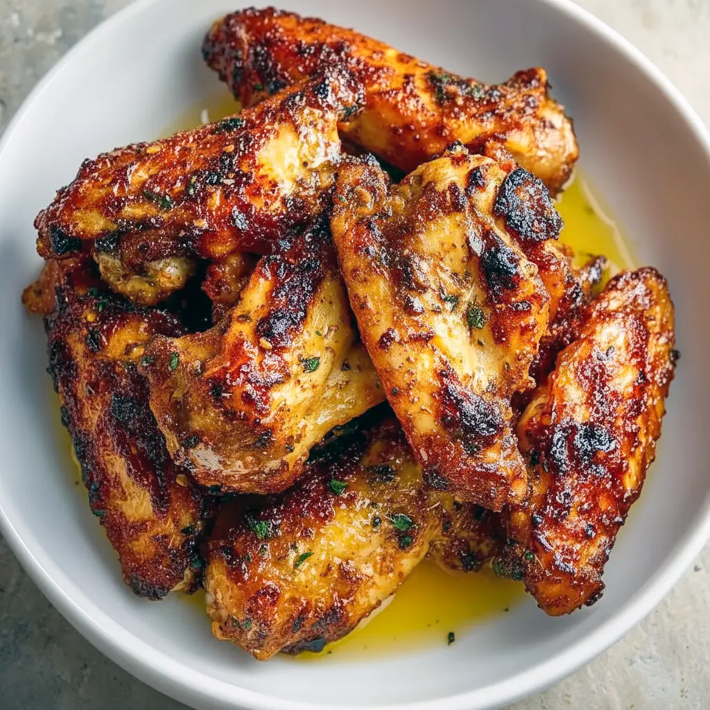 Golden, crispy Cajun-garlic chicken wings tossed in garlic butter, garnished with parsley and served with celery sticks and dipping sauce.