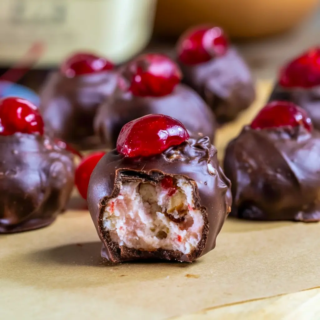 Boozy Christmas Treats — close-up of glossy cherry bourbon balls dusted with cocoa on a festive platter.