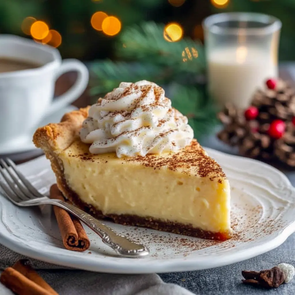 Overhead shot of a cinnamon-vanilla custard pie with a golden, flaky crust and a slice removed to reveal the silky filling, styled on a rustic table, Best Pies For Christmas.