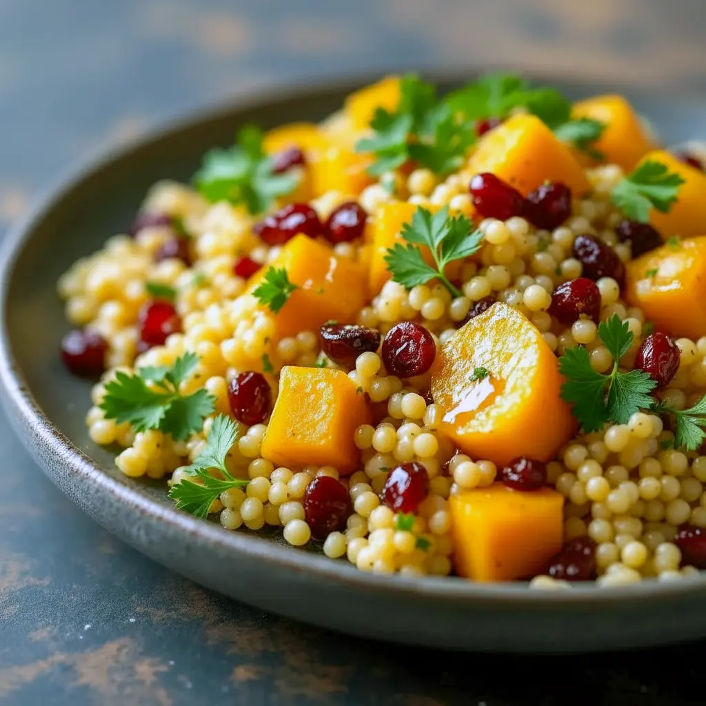 Roasted butternut squash, pearl couscous, cranberries and pecans tossed in a maple-Dijon vinaigrette, served in a white bowl, Fall Couscous Recipes.