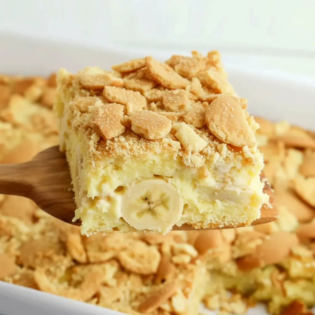 Golden banana blondie squares topped with sliced bananas and crushed vanilla wafers on a serving plate.