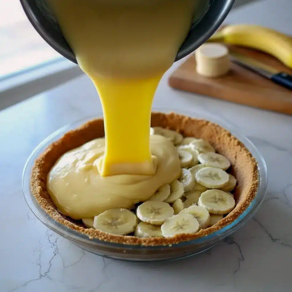 Slice of bourbon banana cream pie on a white plate, showing layers of golden cookie crust, banana slices, creamy custard, and a cloud of whipped cream with cookie crumb garnish, Dinner Desserts.