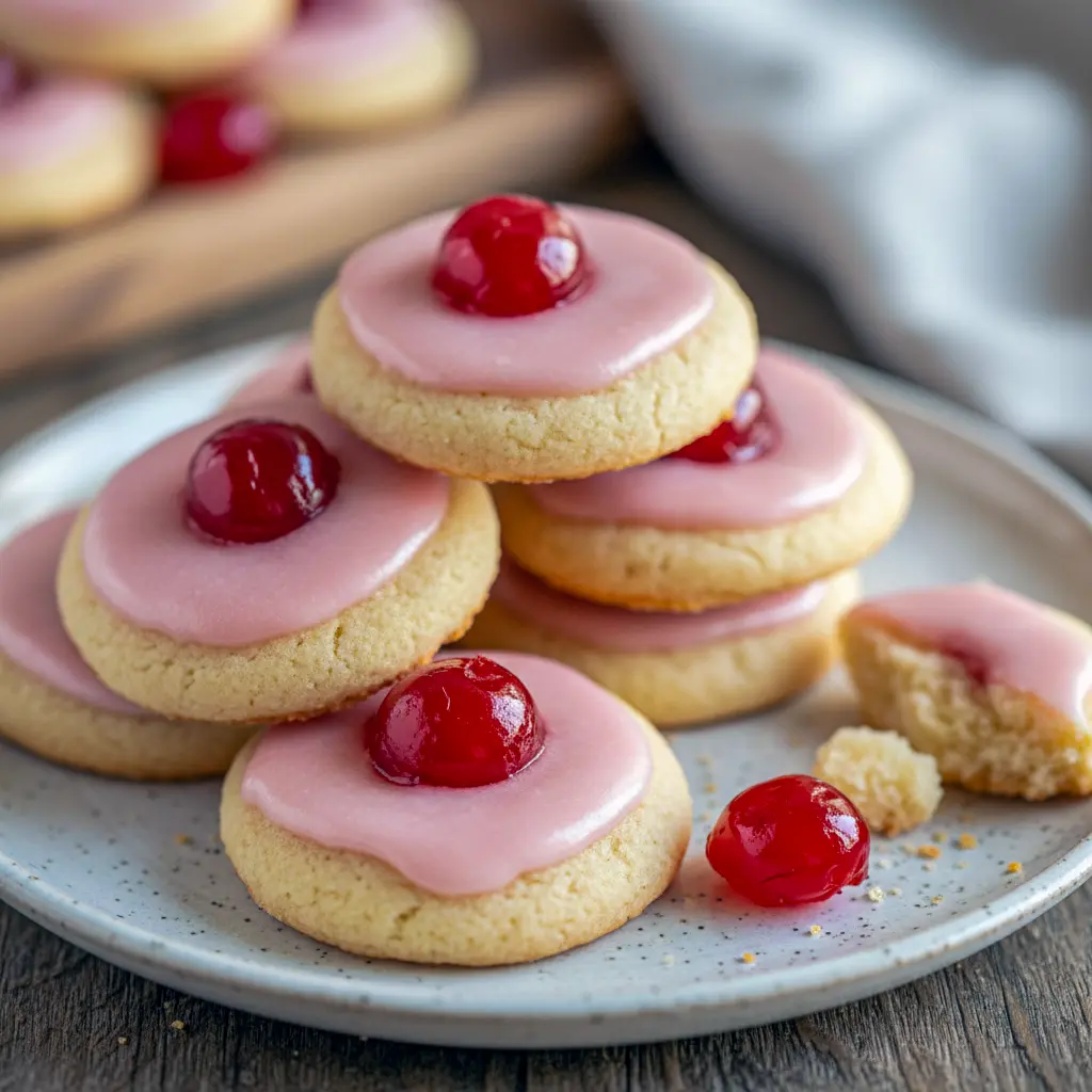 Plate of glazed cherry almond cookies with visible cherry pieces and red sugar, arranged on a holiday napkin, Cherry Almond Cookies Recipe.