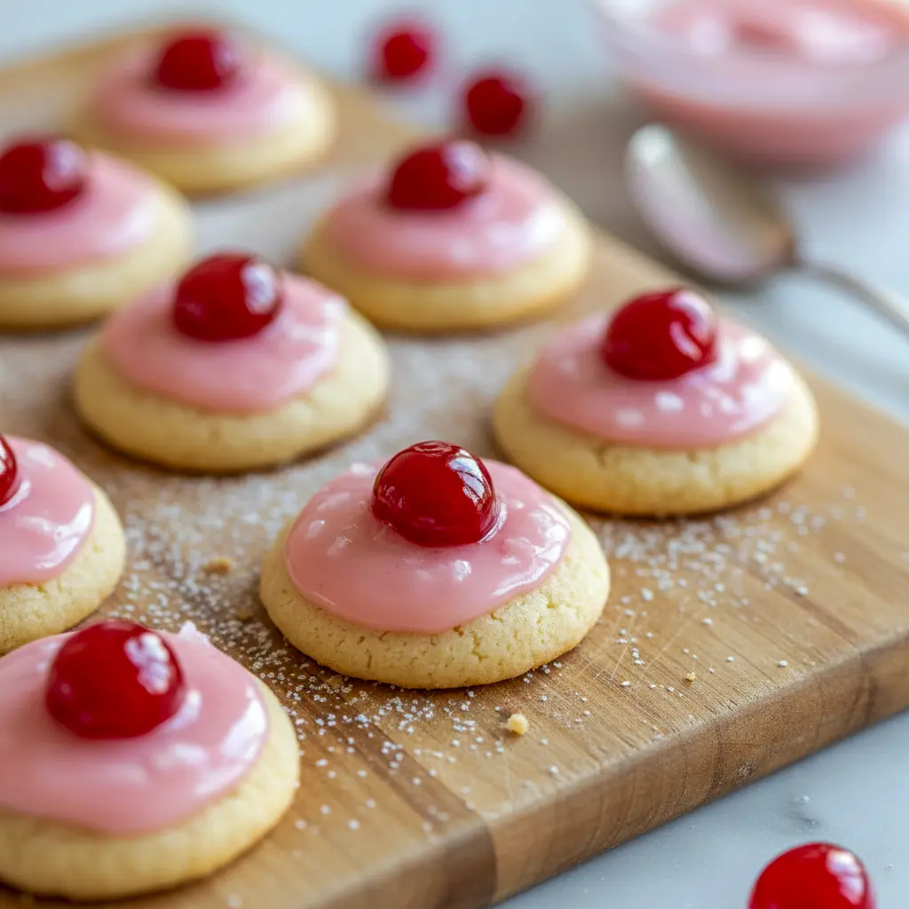 Plate of glazed cherry almond cookies with visible cherry pieces and red sugar, arranged on a holiday napkin.