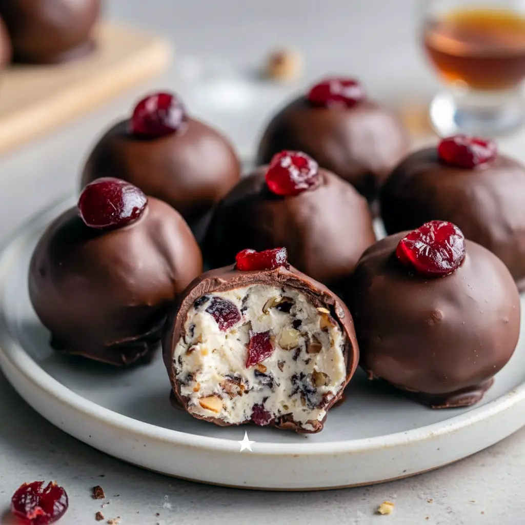 Close-up of powdered-sugar–coated cherry-chocolate balls arranged on a festive holiday platter, Christmas Candy Recipes.