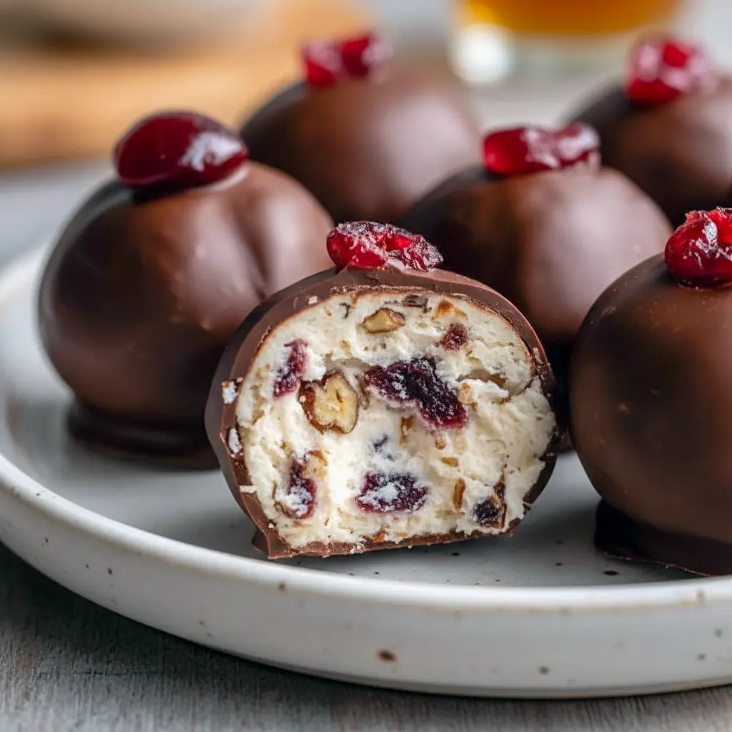 Close-up of powdered-sugar–coated cherry-chocolate balls arranged on a festive holiday platter, Christmas Candy Recipes.