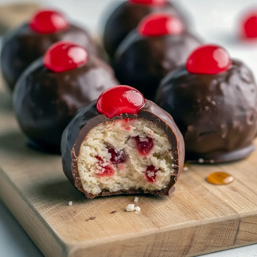 Close-up of powdered-sugar–coated cherry-chocolate balls arranged on a festive holiday platter, Christmas Candy Recipes.