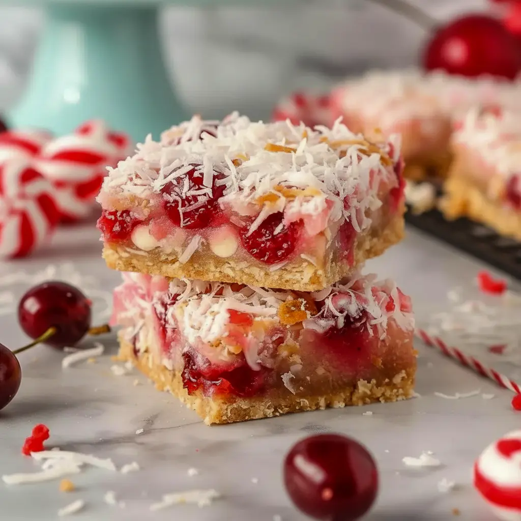 Tray of golden Cherry Coconut Bars with visible cherries and shredded coconut, styled on a wooden board — ideal Cherry Chews Recipe for bake sales, a plate of Cherry Nut Bars and Cherry Dream Bars, pictured as a Cherry Dream Squares Recipe and easy Cherry Chews to grab; also works as a Coconut Chewies Recipe, classic Cherry Magic Bars, or Cherry Coconut Squares Recipe.