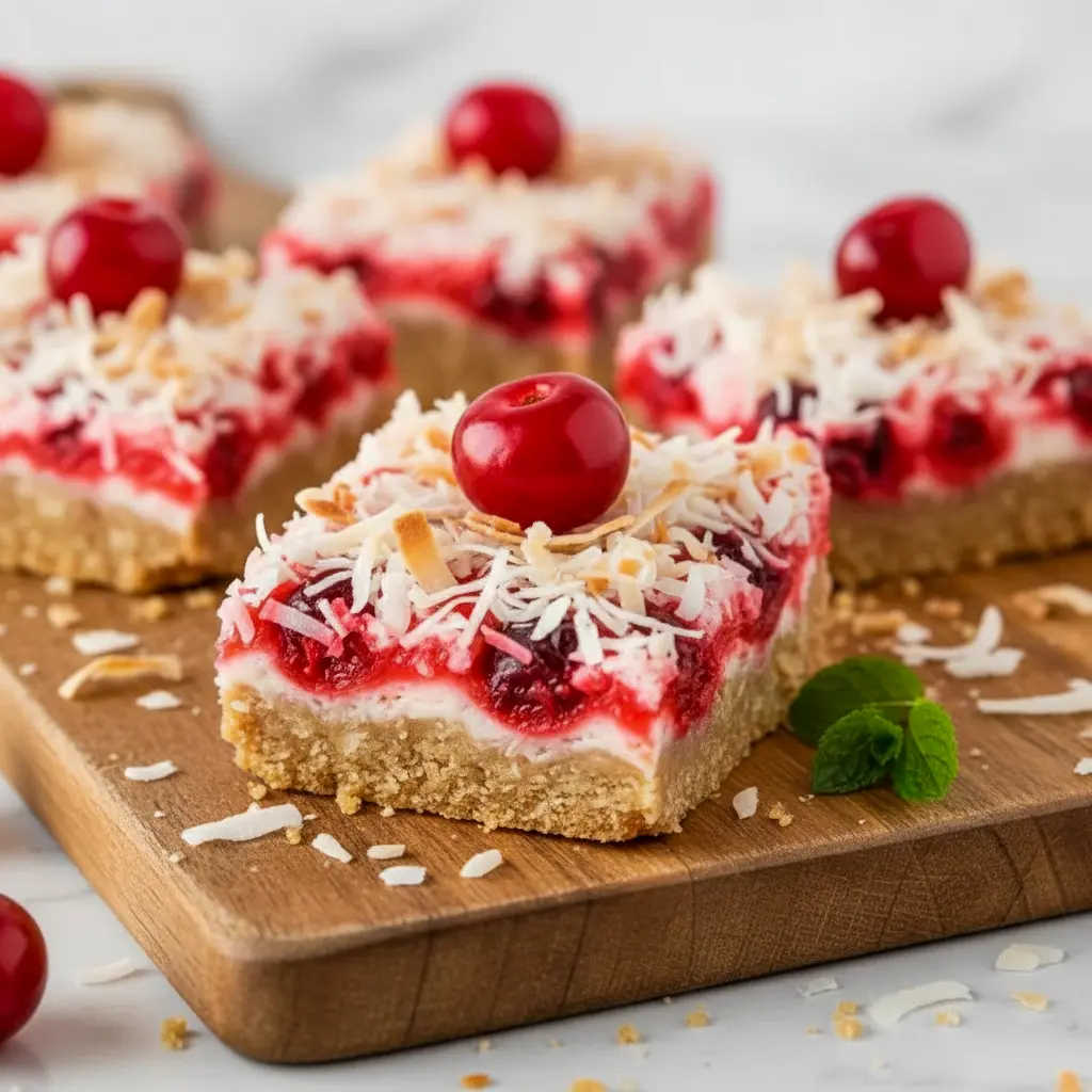 Tray of golden Cherry Coconut Bars with visible cherries and shredded coconut, styled on a wooden board — ideal Cherry Chews Recipe for bake sales, a plate of Cherry Nut Bars and Cherry Dream Bars, pictured as a Cherry Dream Squares Recipe and easy Cherry Chews to grab; also works as a Coconut Chewies Recipe, classic Cherry Magic Bars, or Cherry Coconut Squares Recipe.