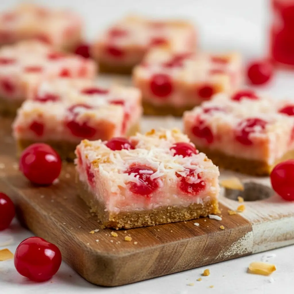 Close-up of chilled cherry-coconut bars on a parchment-lined tray — toasted coconut, glossy cherry pieces, and a golden graham crust, Cherry Coconut Bars Recipe.