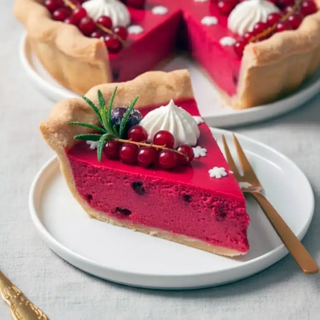 A festive Cranberry Custard Pie with creamy pink Cranberry Custard Pie Filling topped with sugared cranberries and whipped cream, perfect for Fruit Pies For Christmas.