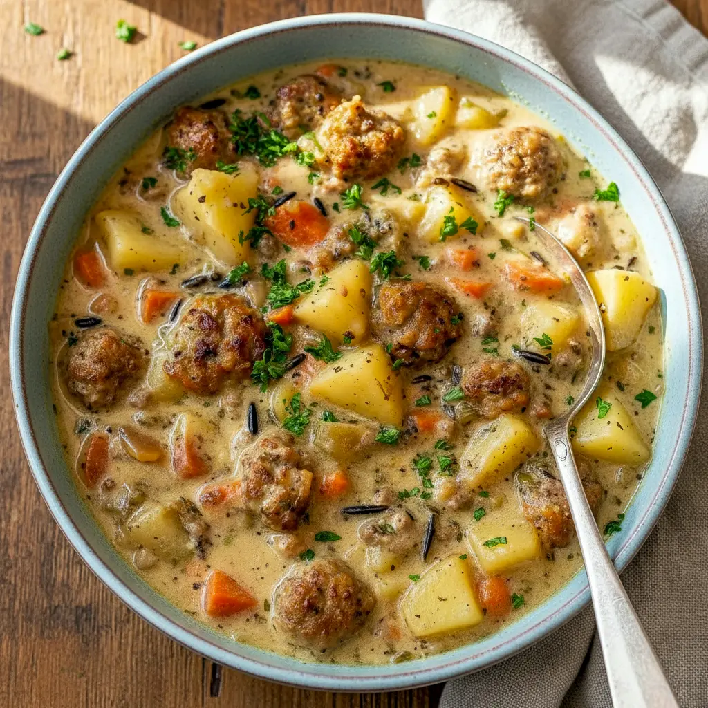 Creamy sausage and potato chowder in a bowl, topped with melted cheddar and chopped parsley — hearty, cozy dinner bowl, Weeknight Soup.