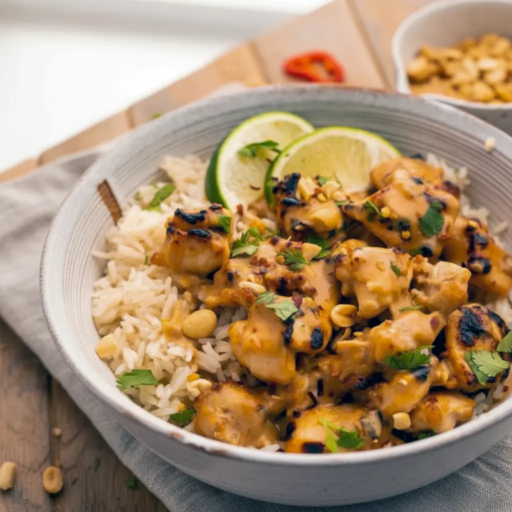A bowl of Peanut Chicken made in a Crock Pot Slow Cooker, topped with crushed peanuts and cilantro, served over jasmine rice — an easy and delicious Thai-inspired weeknight meal, Crock Pot Thai Peanut Chicken.