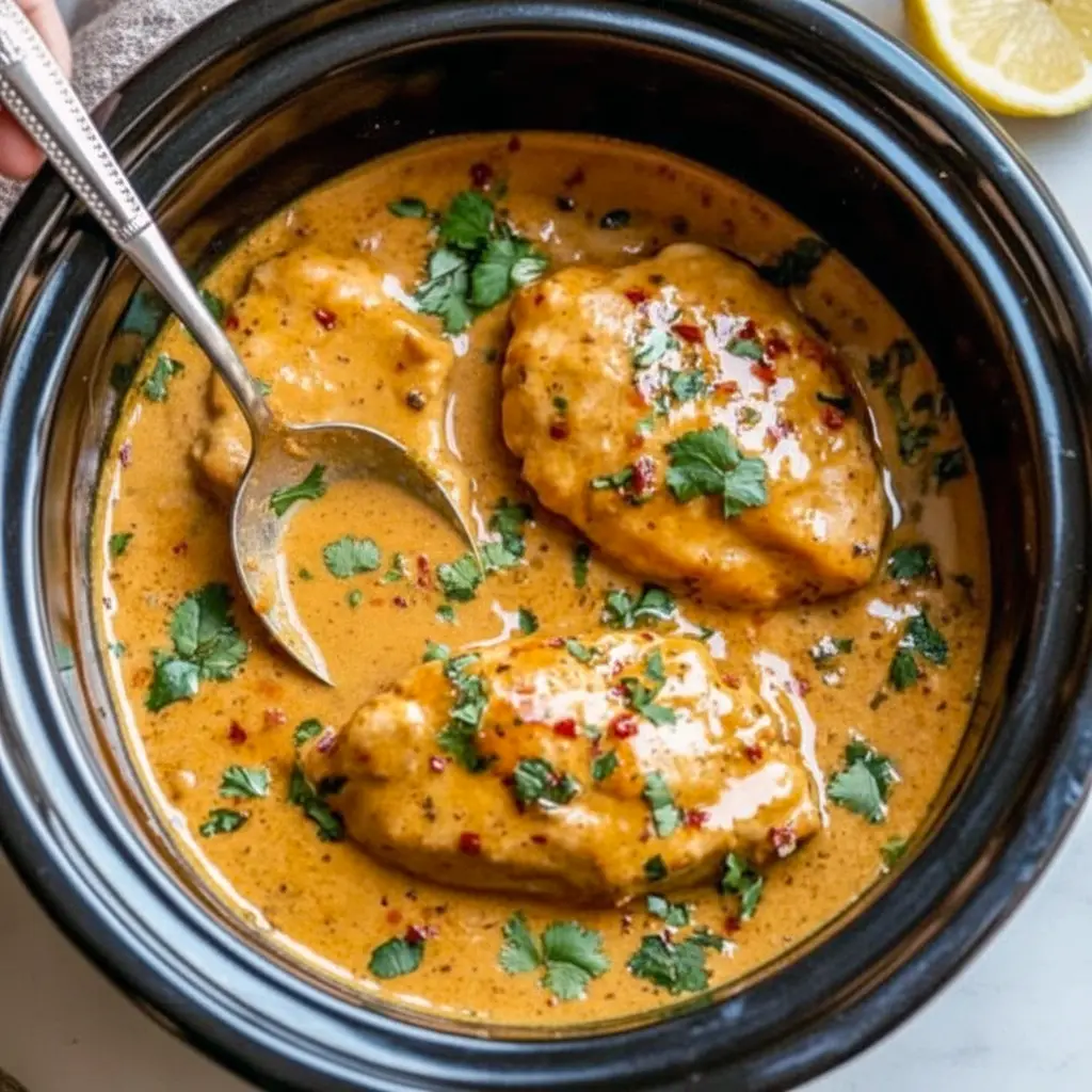 A bowl of Peanut Chicken made in a Crock Pot Slow Cooker, topped with crushed peanuts and cilantro, served over jasmine rice — an easy and delicious Thai-inspired weeknight meal.