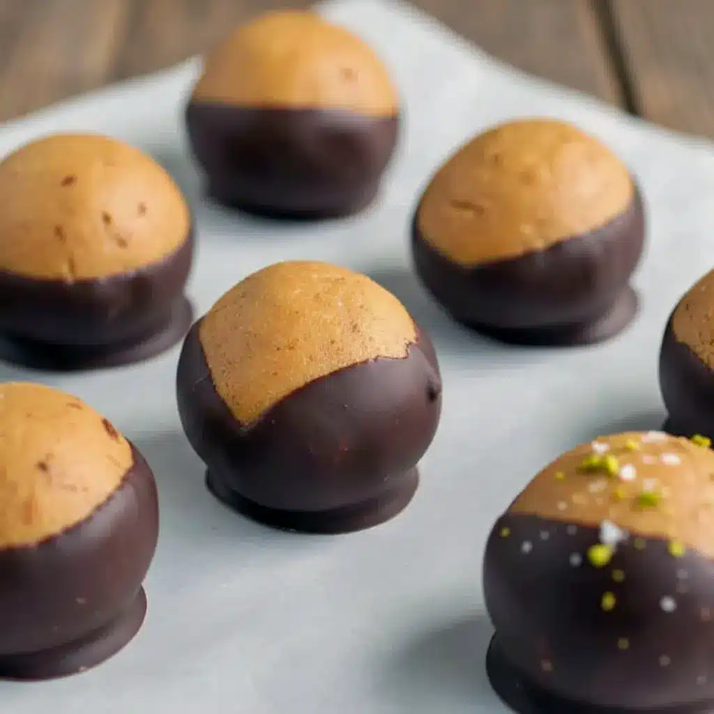 Close-up of chocolate-dipped Buckeyes Recipe balls made with creamy Healthy Peanut Butter, showing glossy chocolate coating and soft peanut butter center — the ultimate Healthy Chocolate Peanut Butter Treats for dessert or snack.