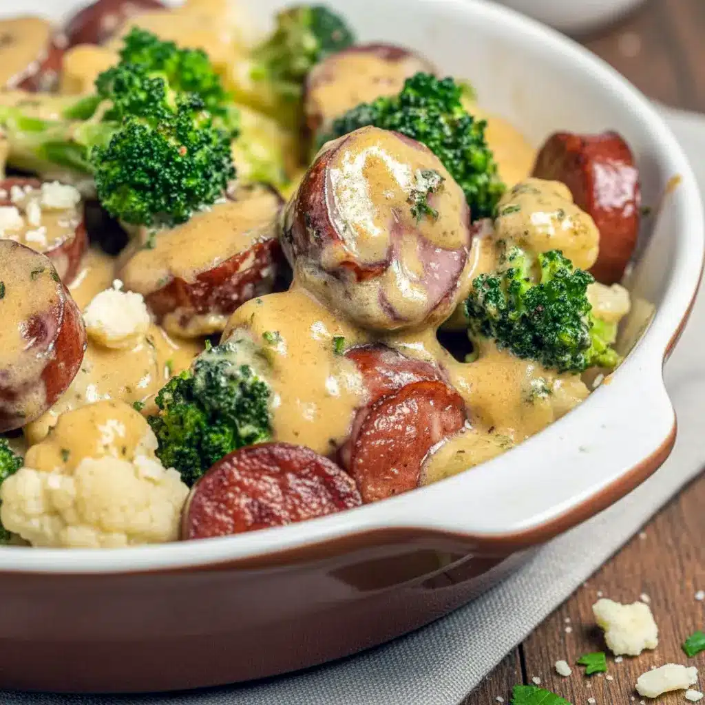 Cheesy broccoli and cauliflower au gratin with browned sausage baked in a casserole dish — an easy, comforting keto recipe featuring Low Carb Meals With Sausage, ideal for Keto Small Meals or Keto Friendly Lunch.