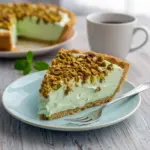 A creamy slice of Easy Pistachio Cream Pie topped with whipped cream and crushed pistachios, sitting on a graham cracker crust—an irresistible no-bake Pistachio Dessert perfect for holidays and summer parties.