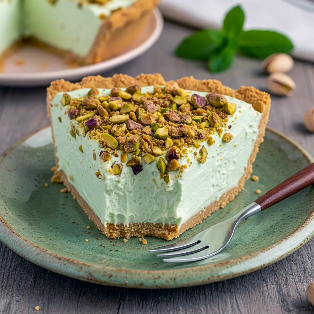 A creamy slice of Easy Pistachio Cream Pie topped with whipped cream and crushed pistachios, sitting on a graham cracker crust—an irresistible no-bake Pistachio Dessert perfect for holidays and summer parties.