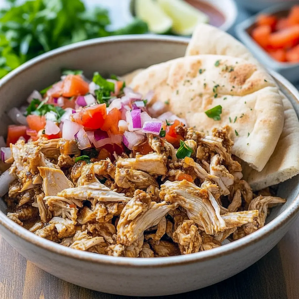 Pita piled with shredded Crockpot Chicken Schwarma Recipes, yogurt sauce, and herbs — a simple, healthy crowd-pleaser great for Crockpot Diet Recipes.