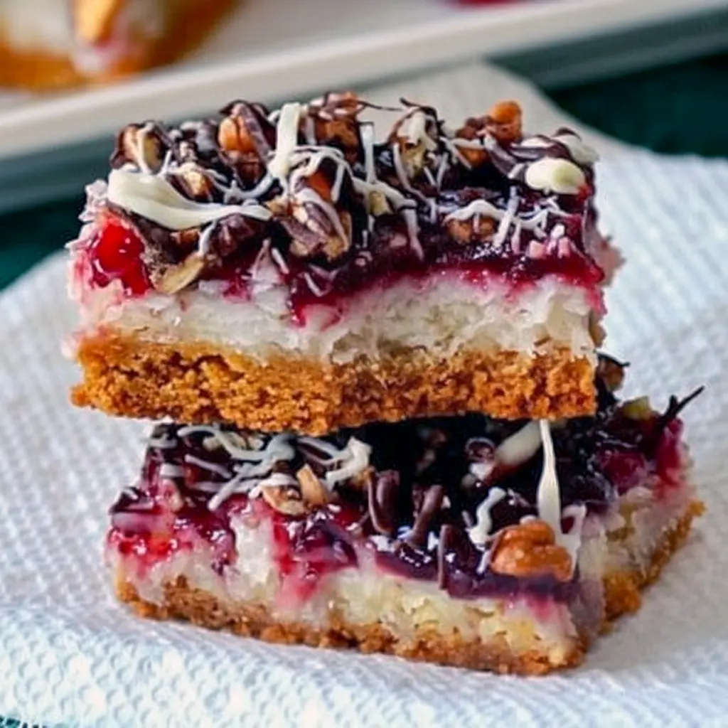 Golden coconut-raspberry squares drizzled with chocolate — ideal Easter Goodies Homemade, Raspberry Bar Cookies Recipes, Valentine Bars Desserts, and Easter Coconut Desserts.