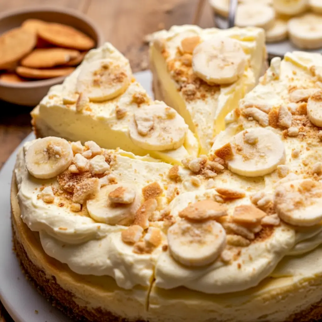 Slice of banana-pudding–style cheesecake topped with whipped vanilla pudding and crushed vanilla wafer crumbs, Banana Pudding Cheesecake.
