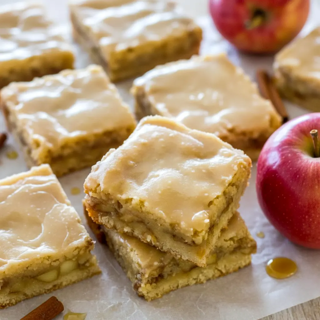 Golden-brown blondie squares dotted with tender apple pieces, drizzled with glossy maple glaze and dusted with cinnamon — a warm, fall dessert ready to serve, Fall Blondies Recipe.