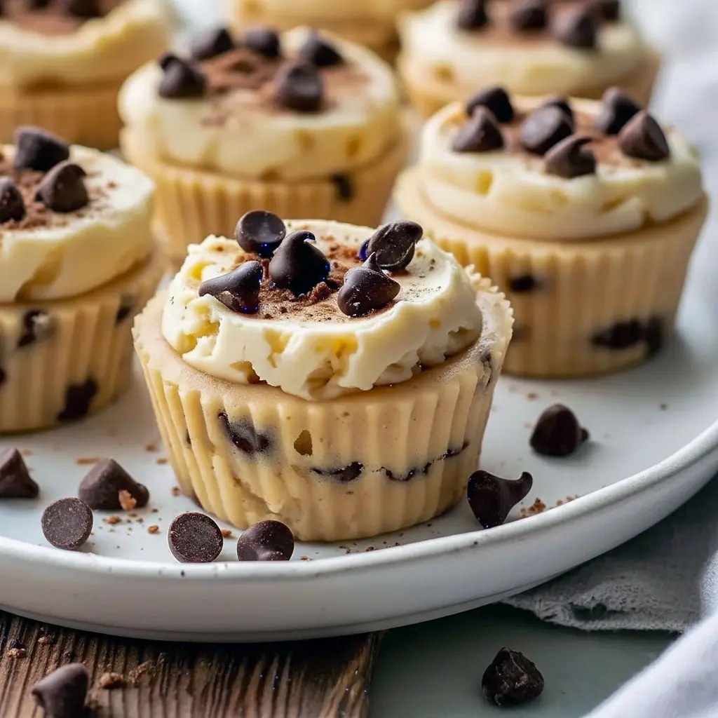 Close-up of frozen cookie-dough cups made with Greek yogurt, studded with mini chocolate chips and sprinkled with chopped pistachios, arranged on a marble surface.