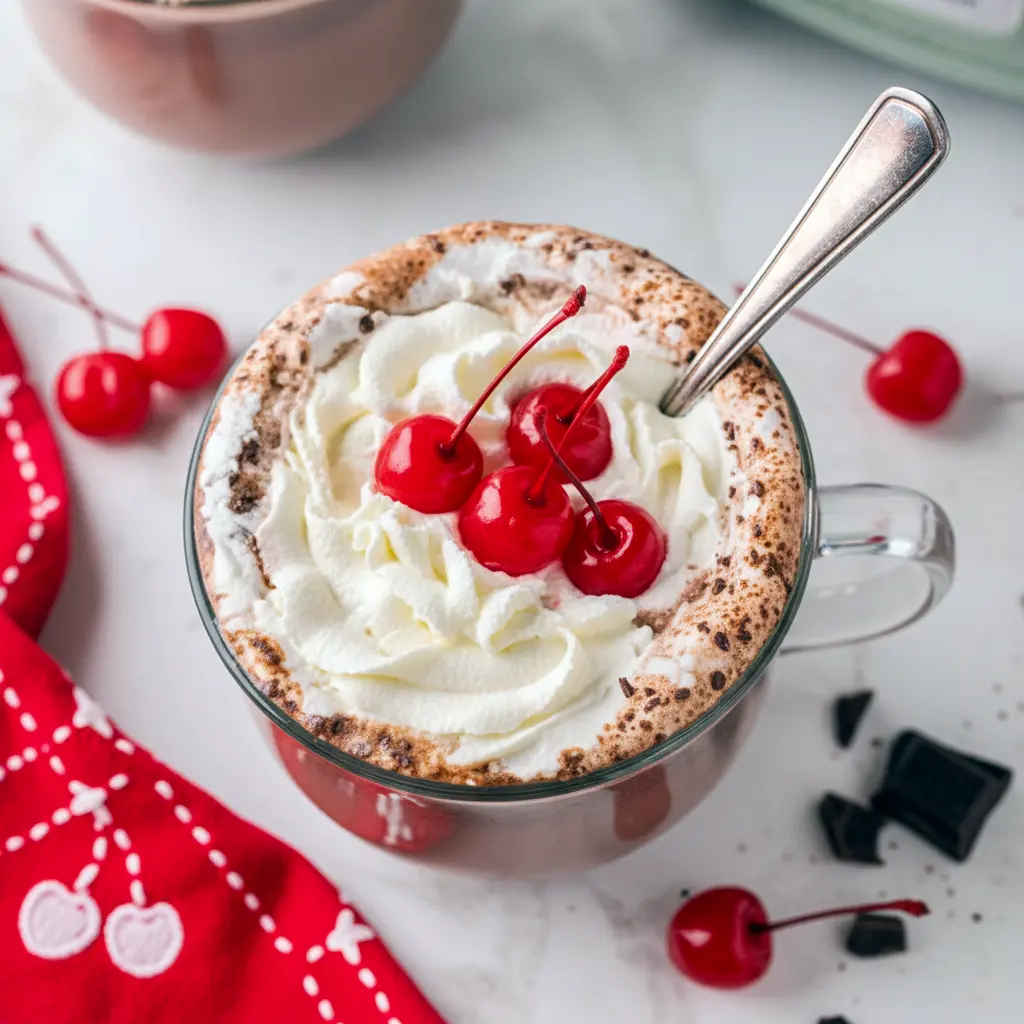 Hot Cocoa Drinks slow cooker mug of cherry chocolate topped with whipped cream and cherries — a Holiday Homemade Cocoa Drink that’s an easy pick for Hot Chocolate Flavor Ideas or a special Specialty Hot Chocolate treat.