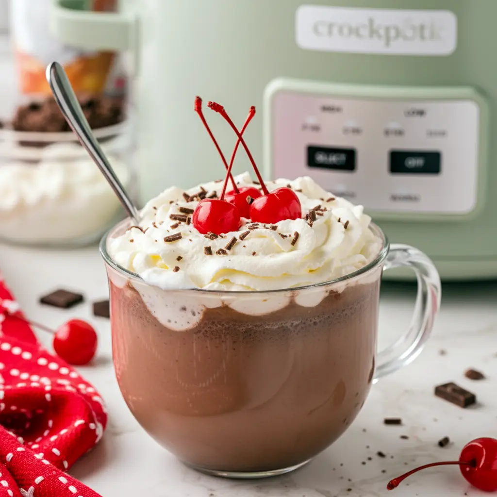 Hot Cocoa Drinks slow cooker mug of cherry chocolate topped with whipped cream and cherries — a Holiday Homemade Cocoa Drink that’s an easy pick for Hot Chocolate Flavor Ideas or a special Specialty Hot Chocolate treat.