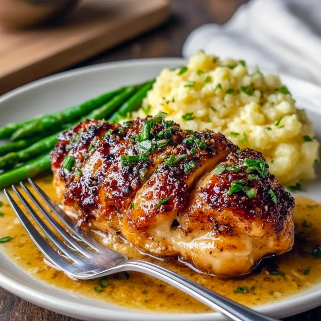 Christmas Chicken Breast Recipes idea, Pan-seared chicken breasts coated in a glossy garlic cream sauce, garnished with chopped parsley and lemon wedges, plated beside mashed potatoes.