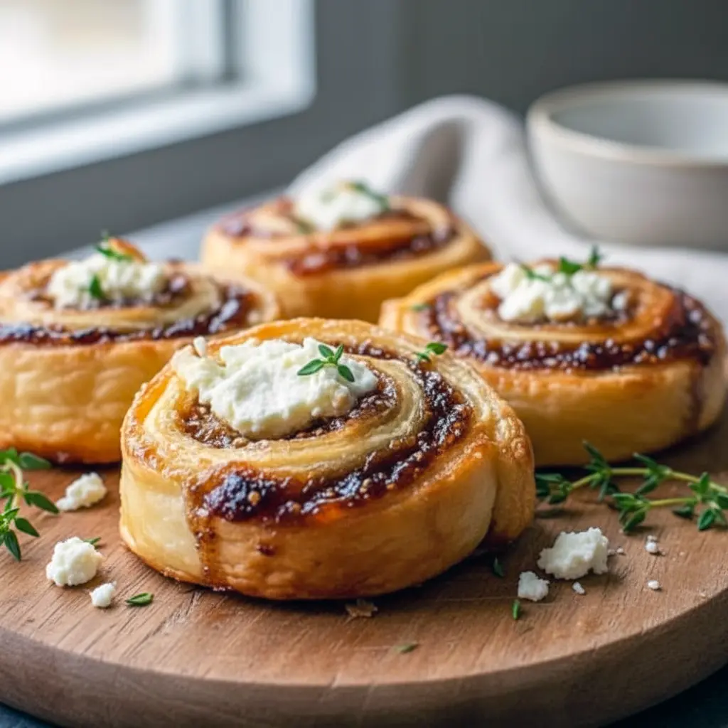 Close-up of golden pinwheels with fig jam and goat cheese on parchment, styled for a seasonal spread; ideal for Fall Veggie Appetizers, creative Savory Chocolate Appetizers pairings, elegant New Year's Eve Food Ideas, and hearty Vegetarian Party Food Ideas, Christmas Appetizers With Puff Pastry.
